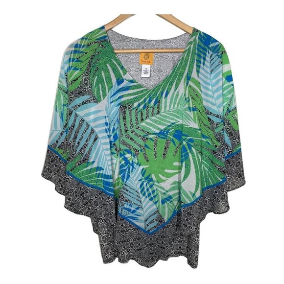 Ruby Rd Palm Leaf Poncho Top Small V-Neck Boho Cruise Resort Tropical Blouse - Picture 1 of 10